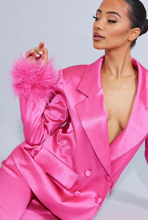 Petite Hot Pink Oversized Satin Feather Cuff Detail Suit Blazer