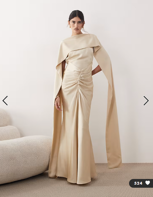 ARRANGE pleated waist high neck back drape satin maxi dress in champagne