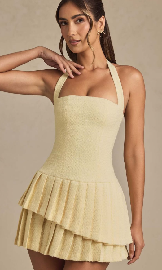 OhPolly-Asymmetric Layered Halterneck Mini Dress in Pastel Yellow