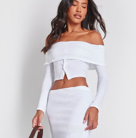 White Foldover Button Detail Off The Shoulder Top