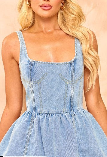 Light Blue Wash Denim Contrast Stitch Corset Skater Dress