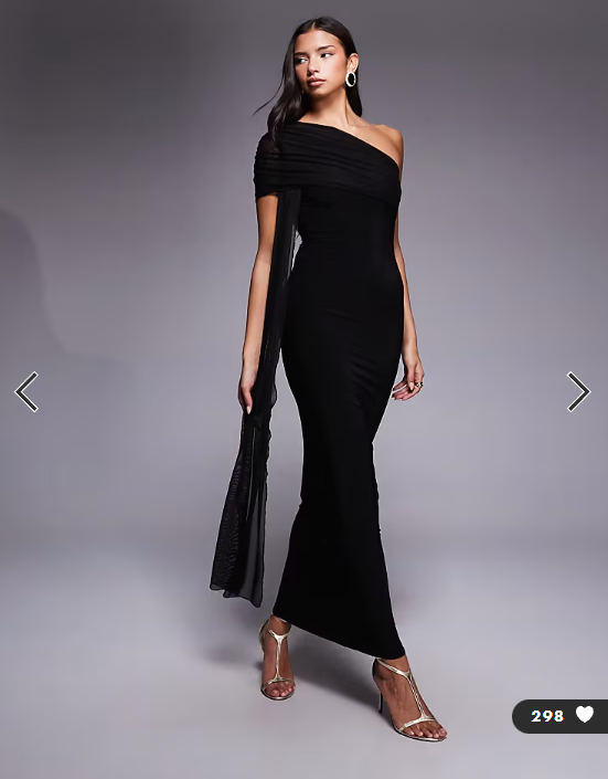Kaiia exclusive double layered slinky mesh one shoulder drape detail maxi dress in black