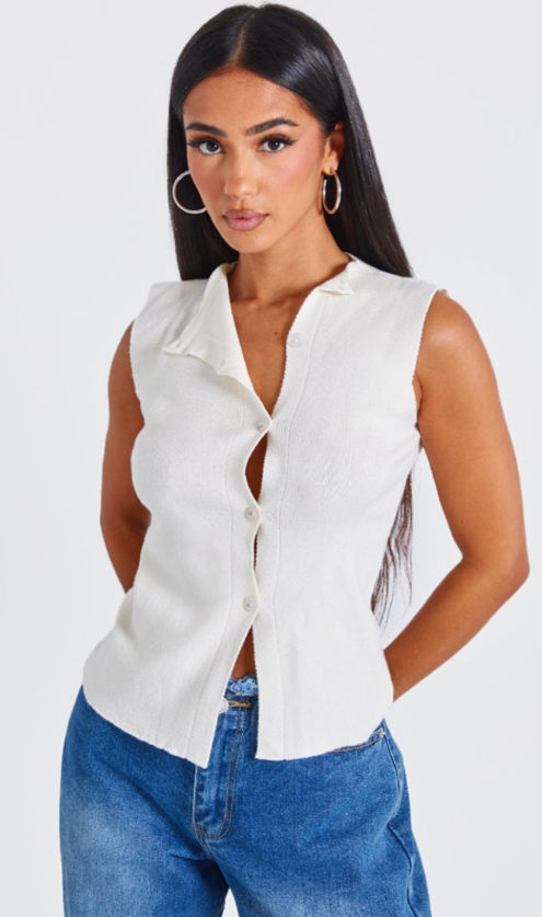 Petite Cream Knit Asymmetric Button Waistcoat