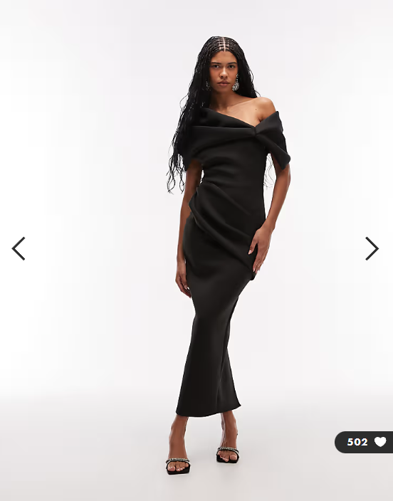 ASOS DESIGN exaggerated bardot midi dress in black scuba-style fabric