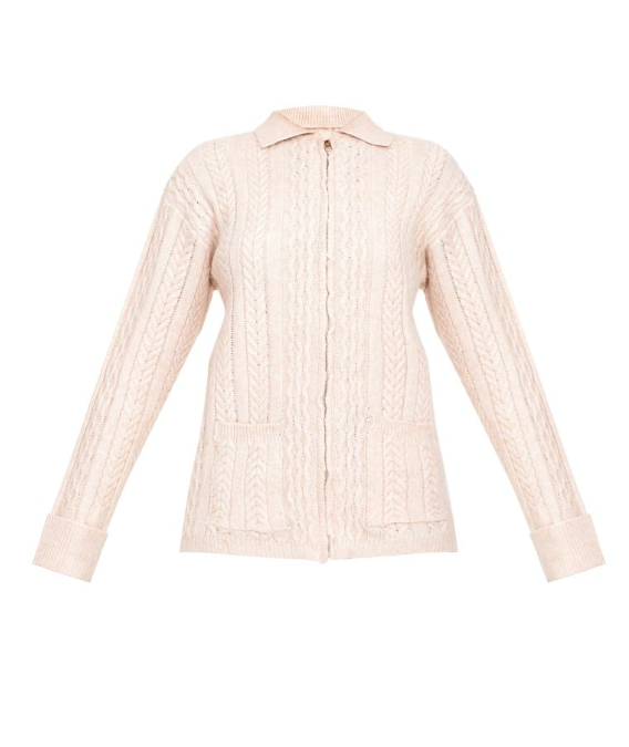 Plt - Oatmeal Cable Knit Collar Detail Zip Up Cardigan