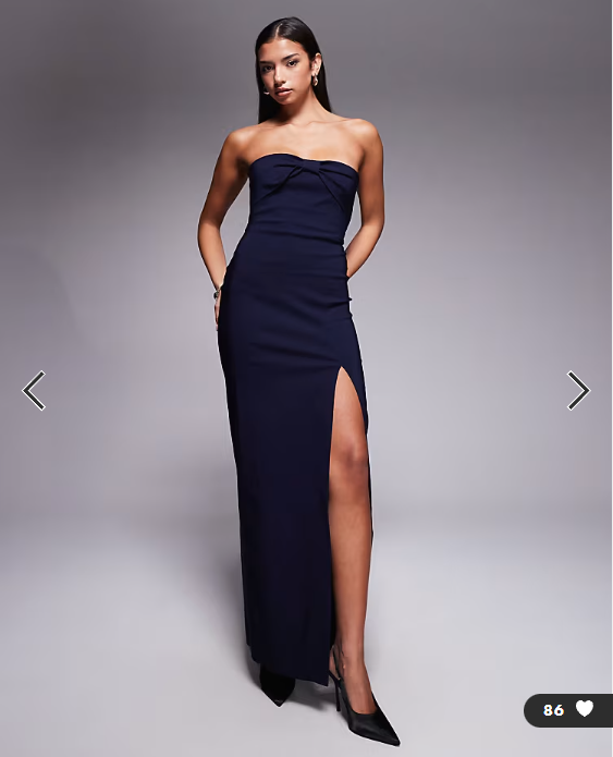 Vesper Bengaline bow front detail bandeau thigh split maxi dress in navy