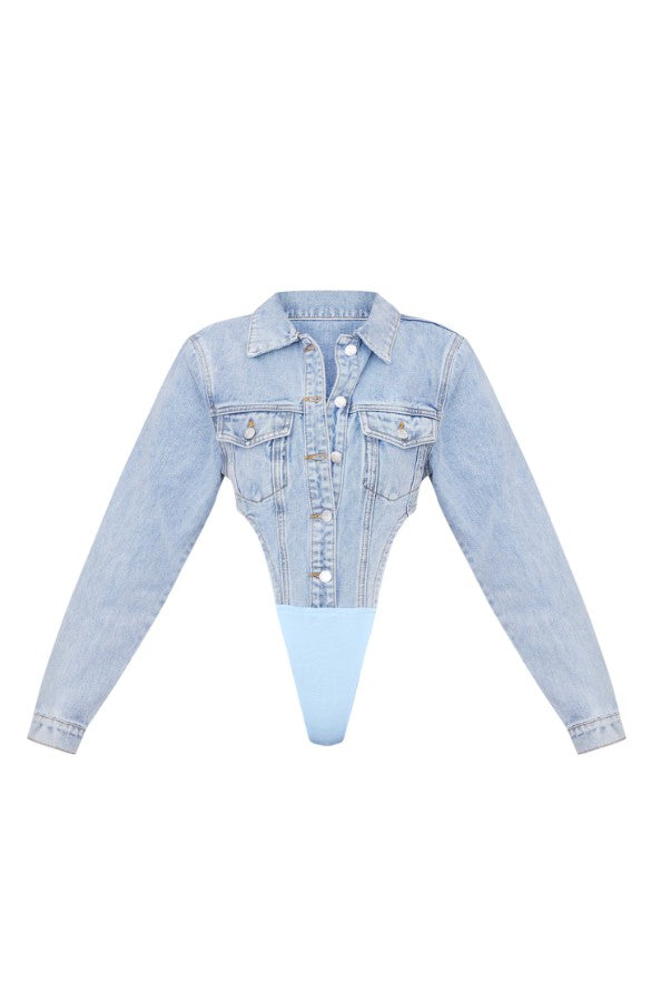 Light Blue Wash Pocket Front Denim Jacket High Side Bodysuit