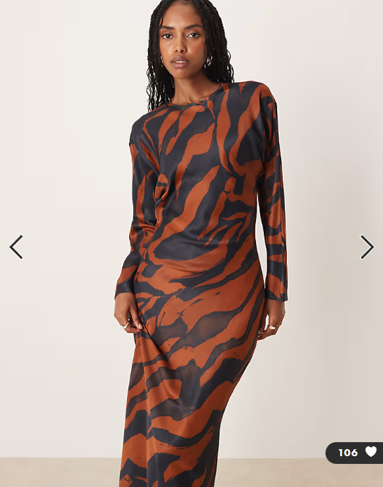 ASOS DESIGN balloon sleeve crew neck satin slip maxi dress in animal print