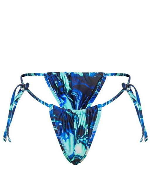 Blue Marble Mini Ruched Tie Side Bikini Bottoms