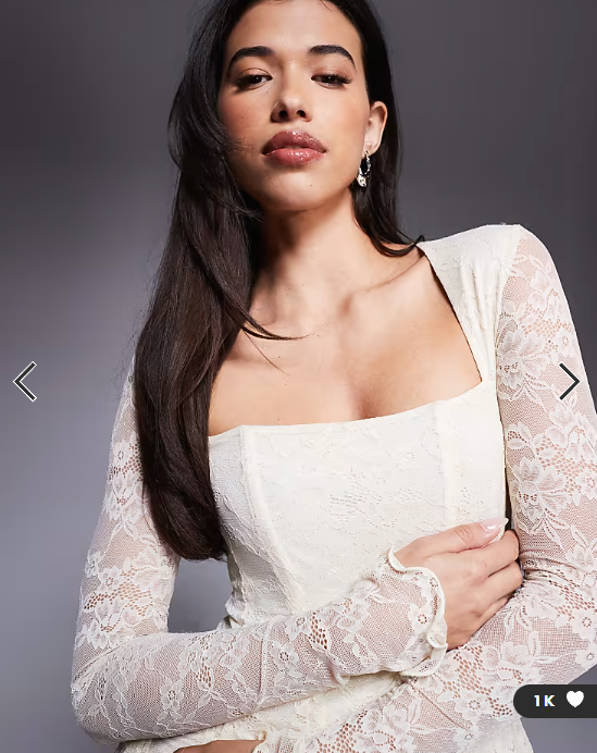 Murci square neck long sleeve gathered ruffle hem lace mini dress in cream