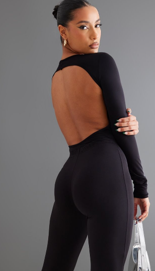Black Slinky Open Back Long Sleeve Bodysuit