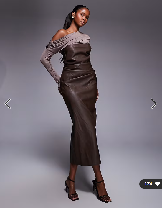 ASOS DESIGN fallen shoulder PU bandeau midi dress in chocolate