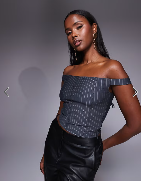 ASOS DESIGN bengaline bardot corset top in grey pinstripe