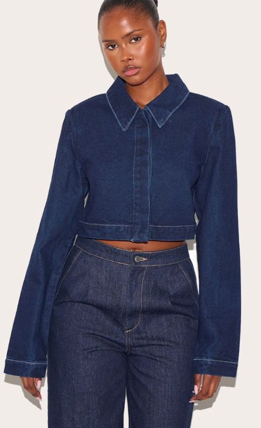 Indigo Contrast Stitch Cropped Long Sleeve Denim Shirt