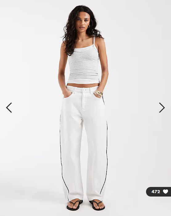 ASOS DESIGN barrel leg jeans in white with contrast black side piping