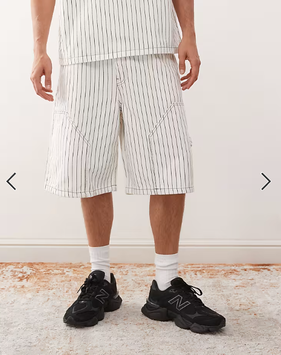 Reclaimed Vintage denim pinstripe carpenter shorts in white and brown