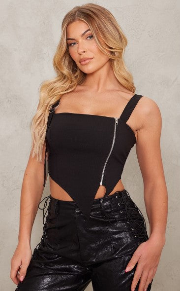 BLACK STRETCH WOVEN ZIP SIDE HARDWARE DETAIL TOP