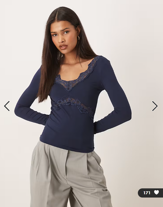 Gina Tricot v neck lace detail long sleeve slim fit top in navy blue