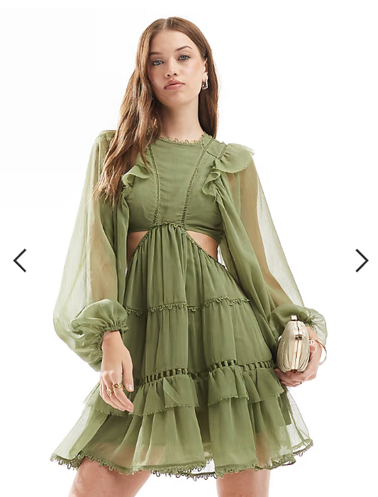 ASOS DESIGN lace insert high neck mini dress with frills in sage green