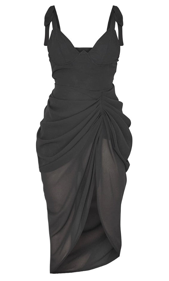 Black Underwire Detail Draped Midi Dress