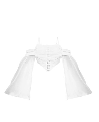 WHITE CHIFFON DRAPE HOOK AND EYE FLARE SLEEVE CORSET