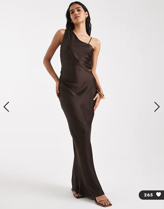 Vero Moda asymmetric shoulder detail ruched satin maxi dress in chocolate
