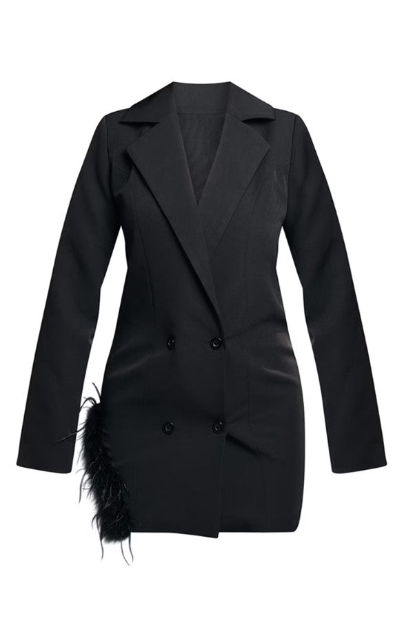 Black Feather Trim Split Detail Blazer Dress