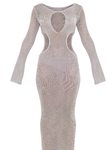 Silver Glitter Knit Cut Out Long Sleeve Maxi Dress