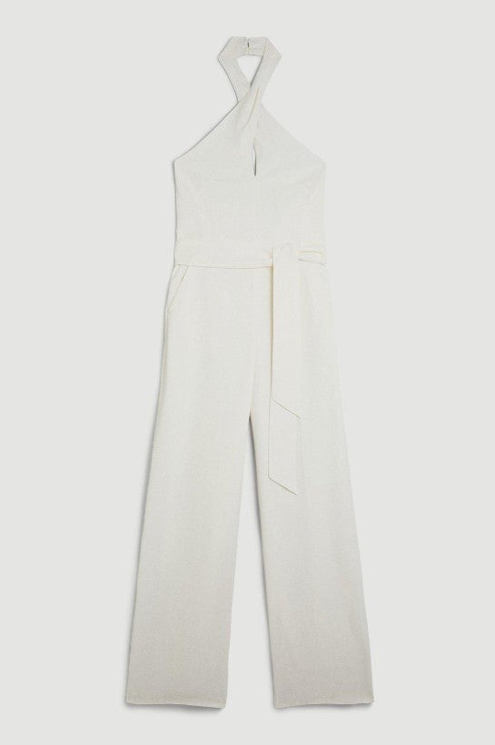 Ivory Compact Viscose Stretch Drape Tailored Jumpsuit