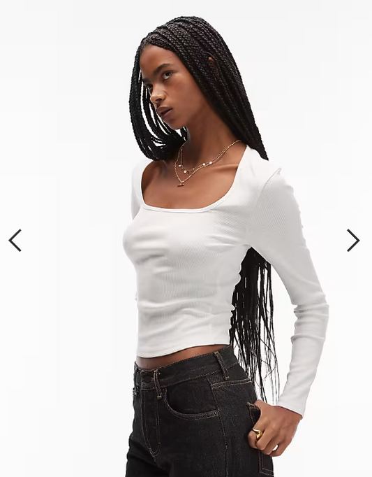 ASOS DESIGN square neck rib long sleeve top in cream