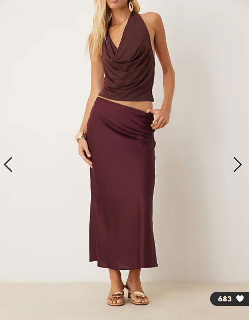 VILA satin maxi skirt in burgundy