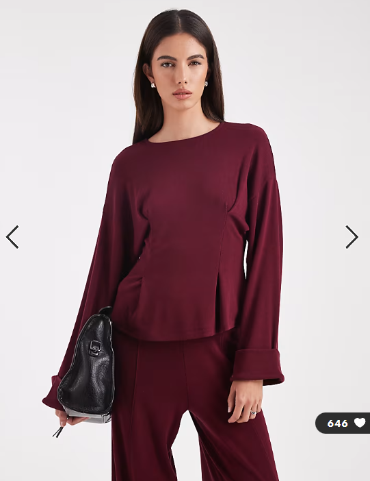 ASOS DESIGN fine knitted cinch waist deep cuff long sleeve top in dark cherry