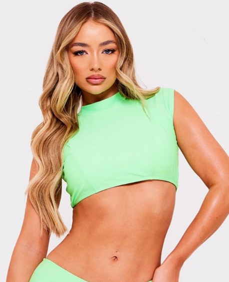 Green High Neck Short Sleeve Swim Top