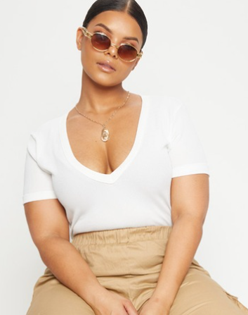 Plus White Ribbed Plunge Short Sleeve Bodysuit