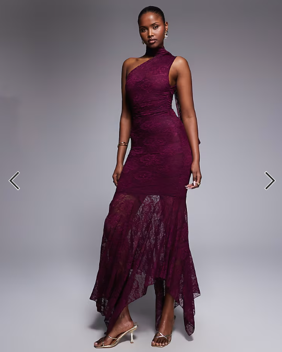 Kaiia exclusive slinky lace asymmetric scarf detail sheer hem maxi dress in dark cherry