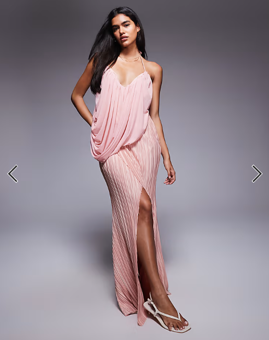 ASOS DESIGN Premium plisse drape maxi dress with cross strap neckline in light pink