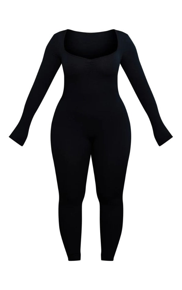 Shape Black Contour Jersey Ruched Bust Long Sleeve Jumpsuit