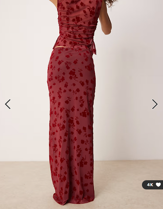 ASOS DESIGN flocked mesh low rise co ord maxi skirt in red