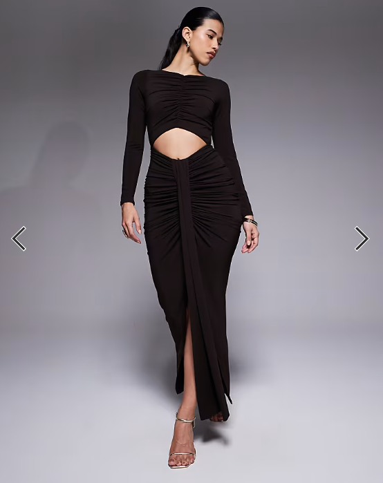 Jaded Rose slinky jersey maxi dress with cut out and ruched details in chocolate