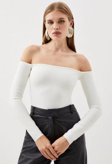 Bandage Form Fitting Bardot Knit Bodysuit Top