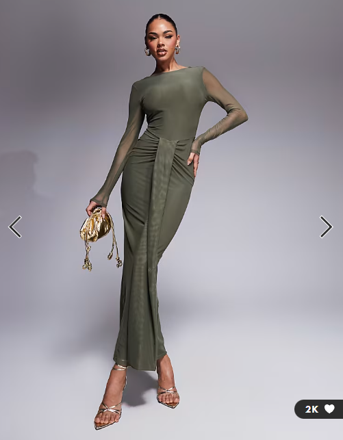 ASOS DESIGN mesh long sleeve slash neck open back maxi dress with sash in khaki