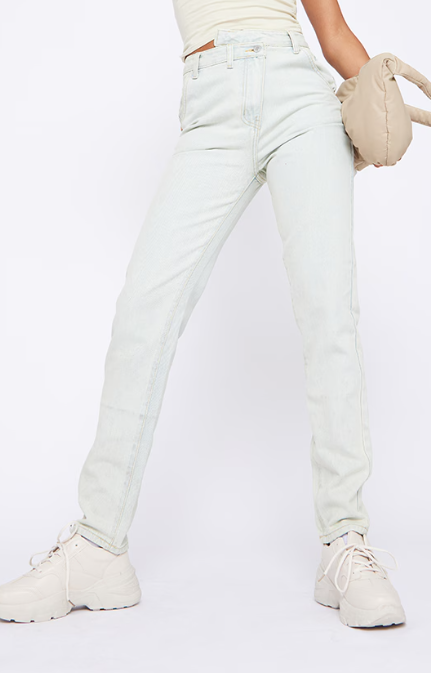 Ice Blue Vintage Wash Asymmetric Waistband Long Straight Leg Jeans