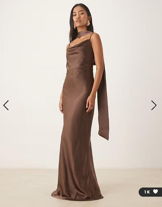 Pretty Lavish Bridesmaid Keisha satin cowl neck maxi dress with scarf in chocolate brown