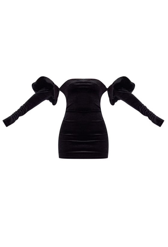 Black Puff Sleeve Velvet Bardot Long Sleeve Bodycon Dress