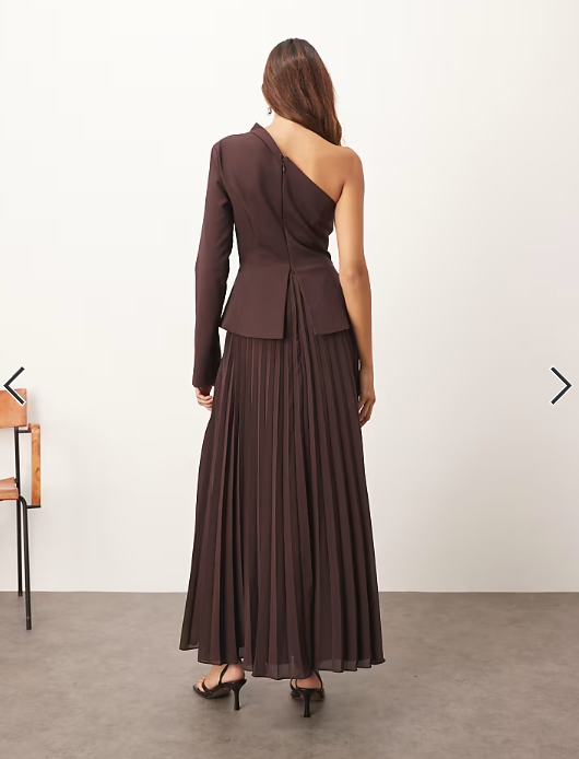 ARRANGE sculpted one shoulder maxi dress with micro pleat hem in chocolate