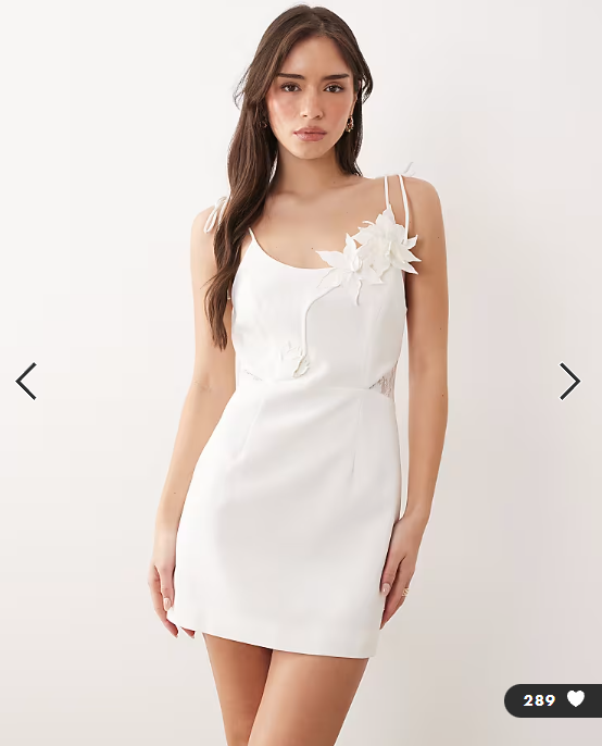 JW PEI square neck 3D floral applique detail tie shoulder lace panel mini dress in white