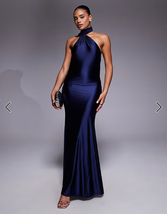 Rare London stretch satin asymmetric scarf detail maxi dress in navy