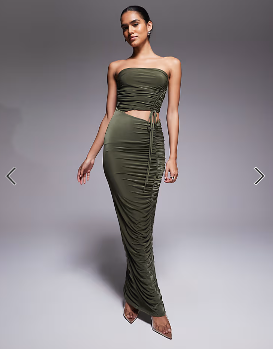 ASOS DESIGN bandeau ruched maxi dress in khaki