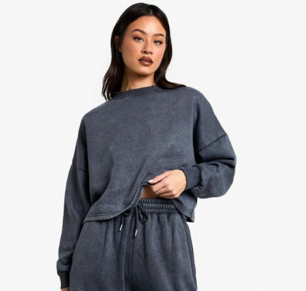 Boohoo - Tall Acid Wash Wide Leg and Cropped Sweatshirt Tracksuit - charcoal