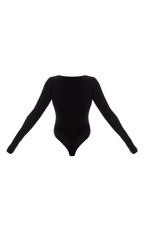 Basic Black Cotton Blend Plunge Long Sleeve Bodysuit